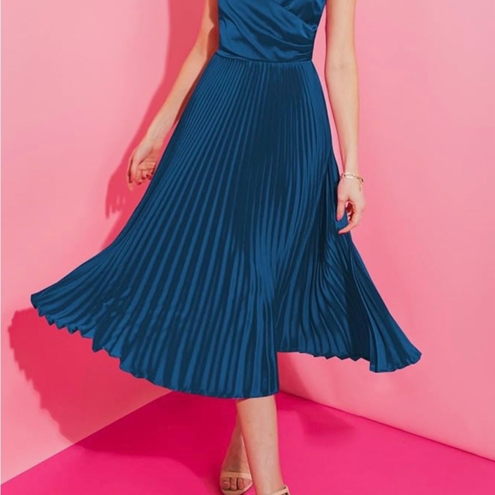 Zaful Elegant Blue Pleated Dress
